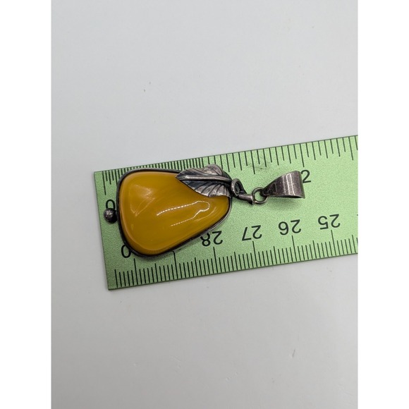 Art Nouveau Sterling Silver Butterscotch Egg Yolk Amber Pendant Leaf Pear Shaped - Picture 9 of 13